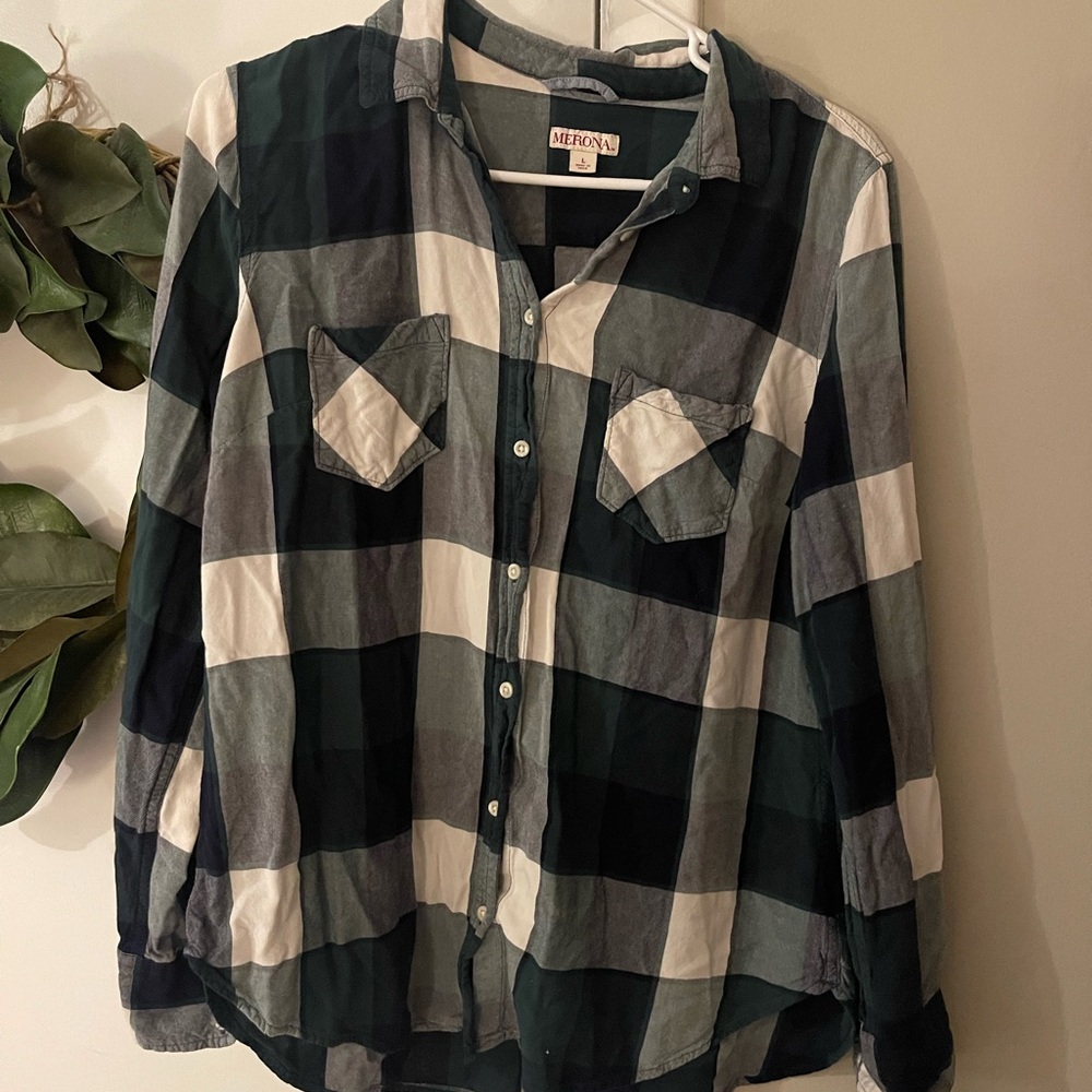 Merona Black and Green Plaid Casual Shirt